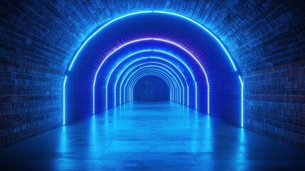 Obraz premium Blue Neon Lights Illuminating a Brick Tunnel
