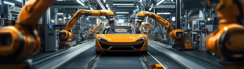 High-Tech Robotic Arms Assembling a Modern Sports Car in an Advanced Automotive Manufacturing Plant