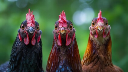 Naklejka premium Three chickens: a black hen on the left side of the picture 
