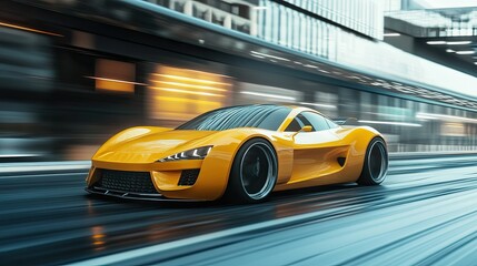 Yellow sports car riding on highway road. Car in fast motion. Fast moving supercar on the street. 3d illustration