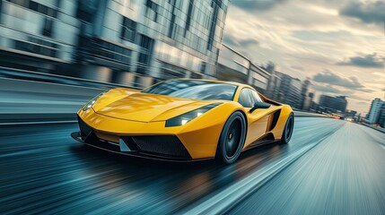 Yellow sports car riding on highway road. Car in fast motion. Fast moving supercar on the street. 3d illustration