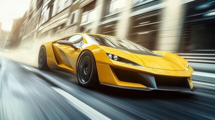 Yellow sports car riding on highway road. Car in fast motion. Fast moving supercar on the street. 3d illustration