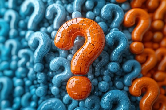 A bunch of colorful questions are scattered around a single orange question mark - Powered by Adobe