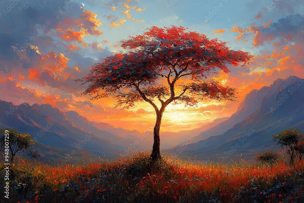 Poster a painting of a tree in a field with mountains in the background