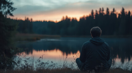 A serene landscape at dusk with person sitting by tranquil lake, reflecting on natures beauty. calm water mirrors colorful sky, creating peaceful atmosphere.