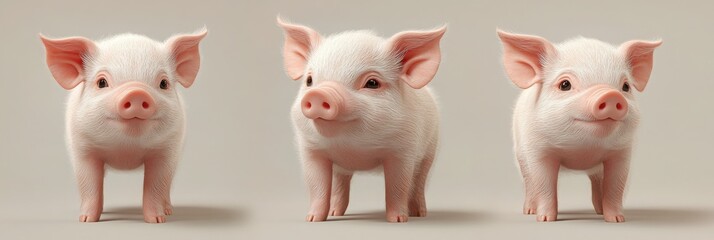 Fototapeta premium Three views of the same cute, white piglet against a plain background.