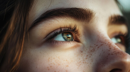 Fototapeta premium Thoughtful gaze highlighting beauty of expressive eyes and freckles. image captures moment of reflection and depth.