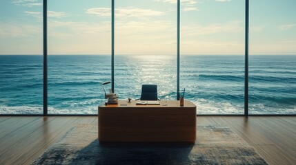 Obraz premium Ocean View Writer's Desk Inspiring Coastal Workspace with Fresh Air and Breathtaking Scenery, Perfect for Creativity and Productivity