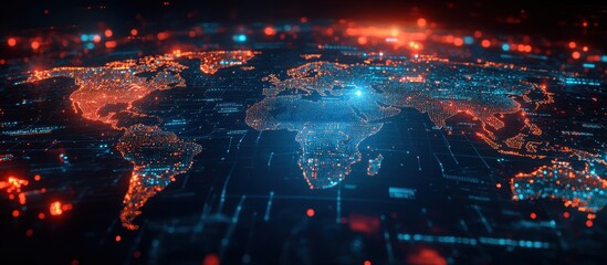 Global Digital Network Map with Glowing Data Points and Connections on a Futuristic World Map
