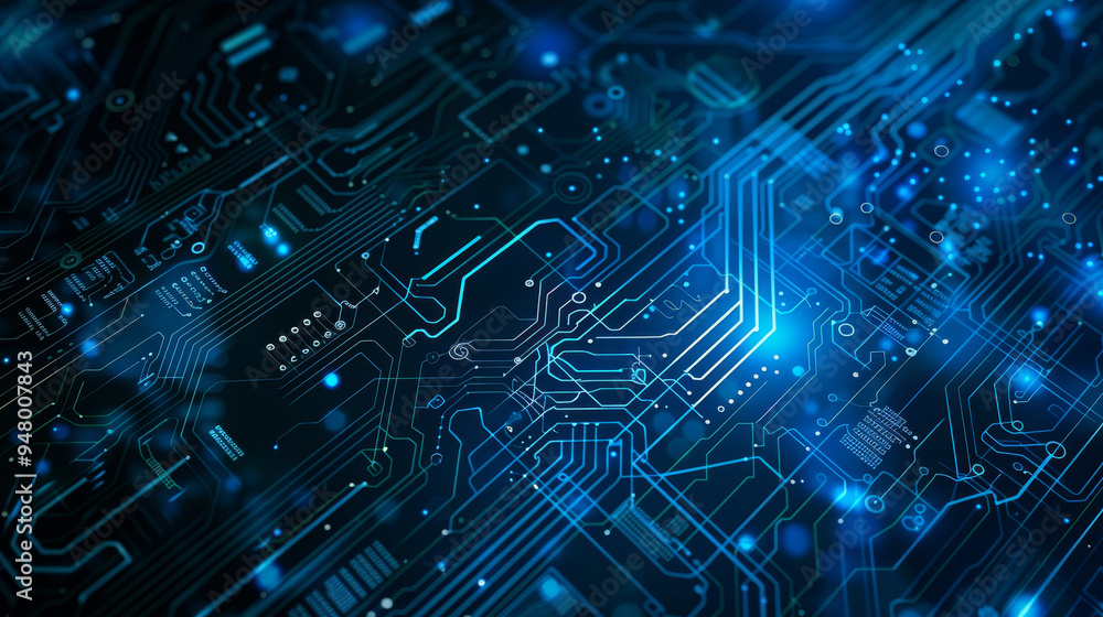 Fototapete Neon glowing digital technology circuit board in computer. Futuristic glowing bright blue color. Abstract connection concept presentation background Communication wireframe laser lines illustration