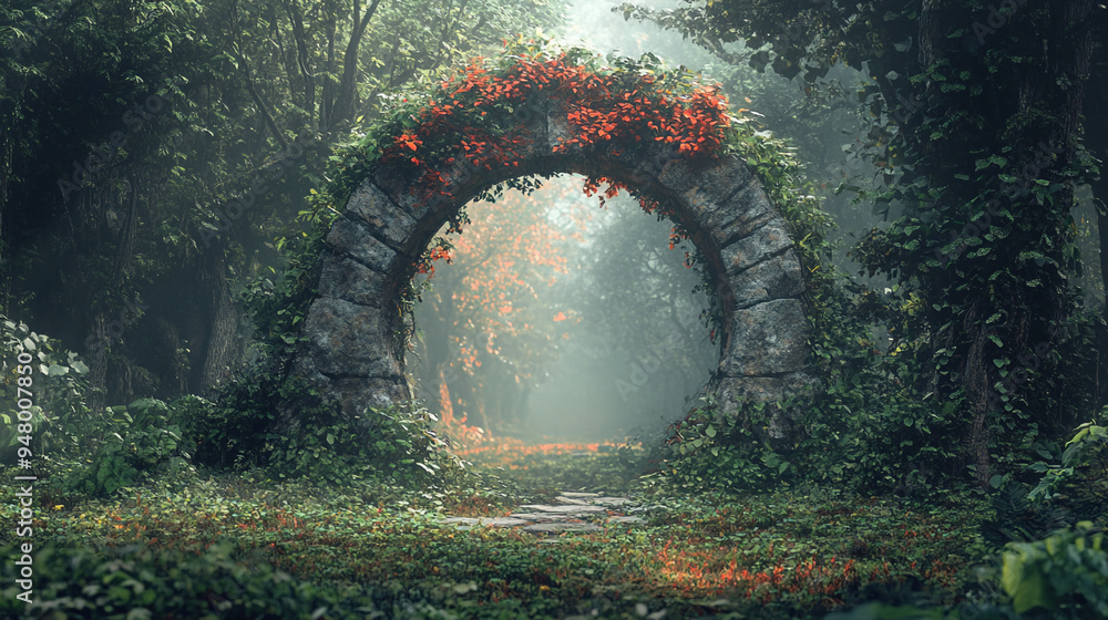 Poster an ancient stone archway covered in vibrant greenery leads into a mystical forest with soft sunlight