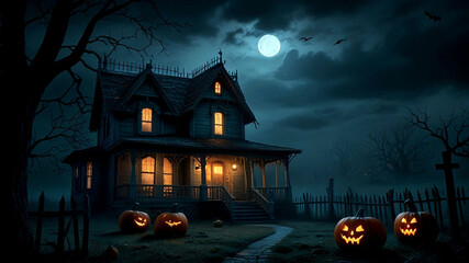 Helloween spoky house with pumpking at night.