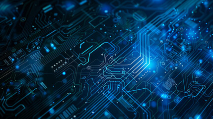 Neon glowing digital technology circuit board in computer. Futuristic glowing bright blue color. Abstract connection concept presentation background Communication wireframe laser lines illustration
