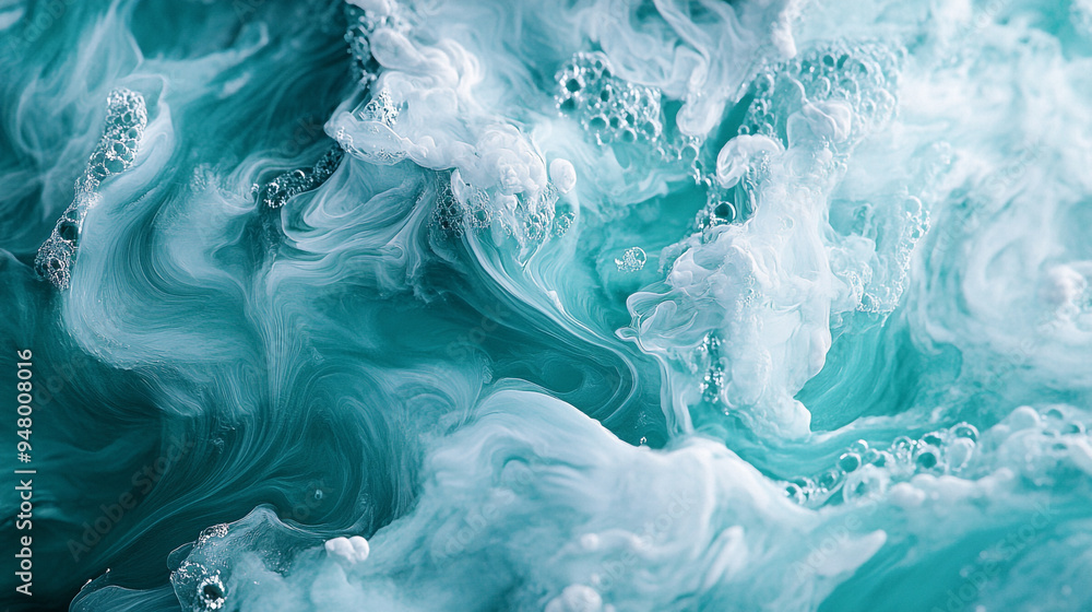 Poster Swirling turquoise water with white foam creates an abstract pattern during daylight in a coastal setting