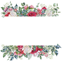 Watercolor Christmas floral Png border, red and white roses, fir, Xmas, arrangement, winter floral frame
