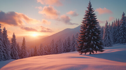 Obraz premium Serene winter sunrise over snow-covered mountain landscape with evergreen trees in a tranquil forest setting