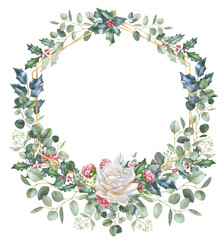 Watercolor Christmas floral Png border, red and white roses, fir, Xmas, arrangement, winter floral frame