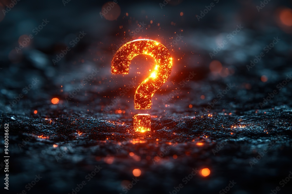 Poster a question mark is lit up with fire, creating a sense of mystery and intrigue