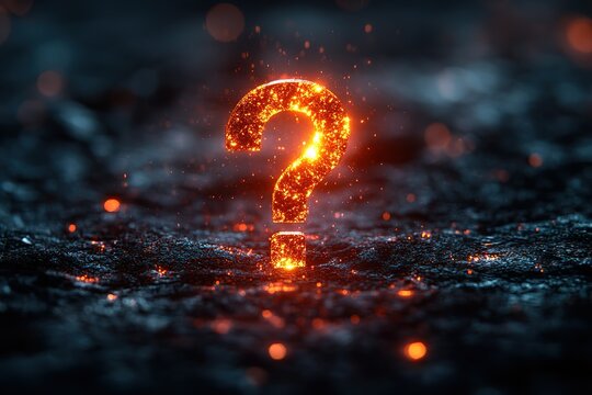 A question mark is lit up with fire, creating a sense of mystery and intrigue
