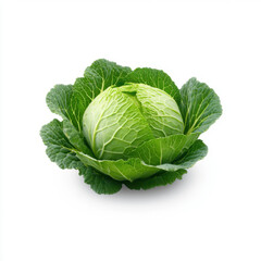Fototapeta premium A top-down view of a whole green cabbage, emphasizing its natural texture and vibrant leaves on a white background.