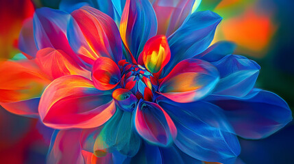 Fototapeta premium A vibrant close-up of a colorful flower with surreal hues, showcasing brilliant shades of blue, red, and orange under soft sunlight