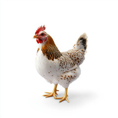 Fototapeta premium A speckled hen stands on a plain white background, showcasing its colorful plumage and alert posture.