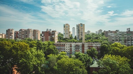 A panoramic view of a dense urban skyline featuring numerous highrise buildings surrounded by green trees