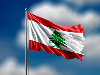 Lebanon flag flying on blur blue clouds background.