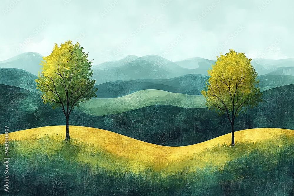 Poster two trees are standing in a field with a mountain in the background
