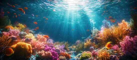 Vibrant Underwater Coral Reef with Colorful Fish and Sunlight Beams in Crystal Clear Ocean Water