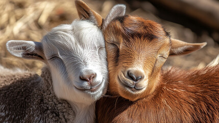 There are two goats on the farm, and one of them is resting its head on the other's neck. 