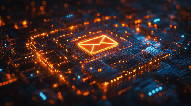 A computer chip with an orange letter E on it. The image is of a cityscape with a glowing, neon-lit background