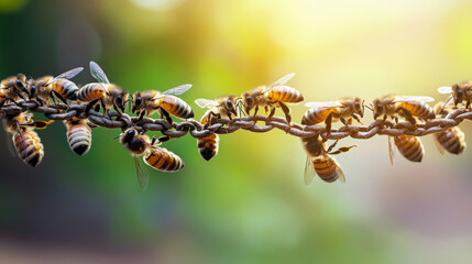 Trust in teamwork of bees linking two bee swarm parts. Bees make metaphor for business, concept of teamwork, partnership, cooperation, trust, community, bridging the gap, bridge, link, chain, nature.