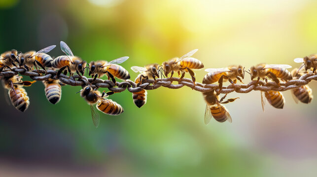 Trust in teamwork of bees linking two bee swarm parts. Bees make metaphor for business, concept of teamwork, partnership, cooperation, trust, community, bridging the gap, bridge, link, chain, nature.