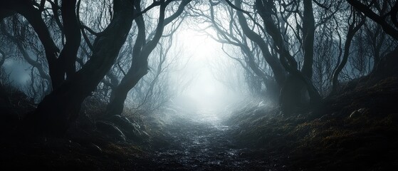 Obraz premium Mysterious Foggy Forest Path with Twisted Trees and Ethereal Light in the Distance
