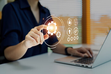 Business Professional Using Robotic Process Automation RPA Technology on Laptop in Modern Office