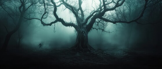 Eerie Foggy Forest with Spooky Tree and Mysterious Silhouette at Night