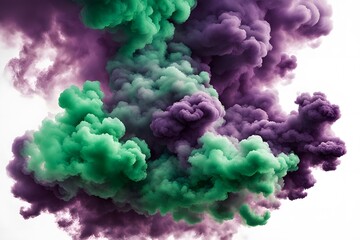 Fototapeta premium Bright green and purple smoke clouds blending together creating bold contrasts on a white background, AI Generated