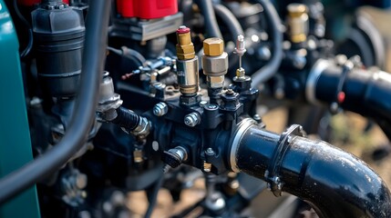 Obraz premium Closeup View of Industrial Machinery Hydraulic Pipe Components and Gauges