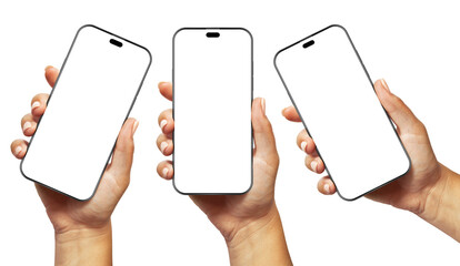 A woman’s hand holding a black smartphone with a blank screen and modern frameless design, shown in three positions: angled, vertical, and from the side edge, isolated on a white background