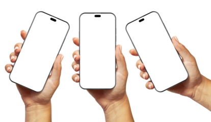 A woman’s hand holding a black smartphone with a blank screen and modern frameless design, shown in three positions: angled, vertical, and from the side edge, isolated on a white background