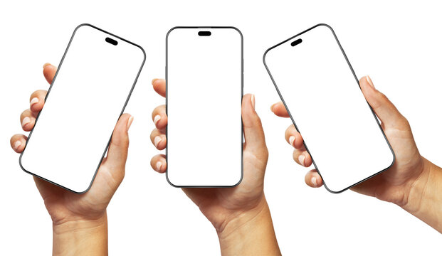 A woman’s hand holding a black smartphone with a blank screen and modern frameless design, shown in three positions: angled, vertical, and from the side edge, isolated on a white background