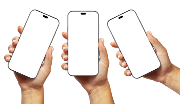 A woman’s hand holding a black smartphone with a blank screen and modern frameless design, shown in three positions: angled, vertical, and from the side edge, isolated on a white background