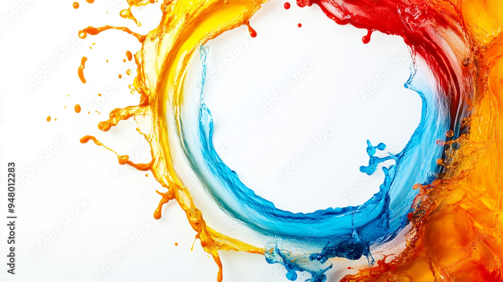 Poster vibrant swirls of orange, blue, and red paint splashing against a white background creating a dynami