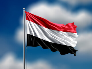Yemen flag waving on blurred blue cloud background.