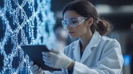 Researchers analyze data on digital tablets in a high-tech laboratory environment