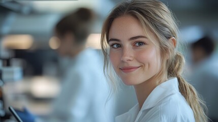 Researchers analyze data on digital tablets in a modern laboratory setting during daytime hours