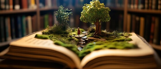 Open Book with Miniature Forest and Pathway, Symbolizing Imagination and Adventure in a Library Setting