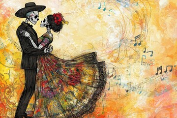 Fototapeta premium Day of the Dead dancing couple illustration