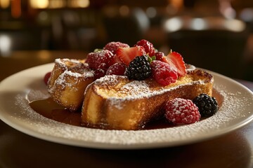 French toast with mixed berries and syrup